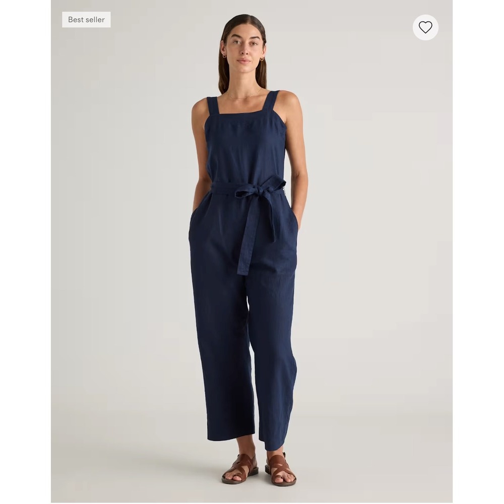Quince 100% European Linen Square Neck Belted Jumpsuit Navy Large Coastal